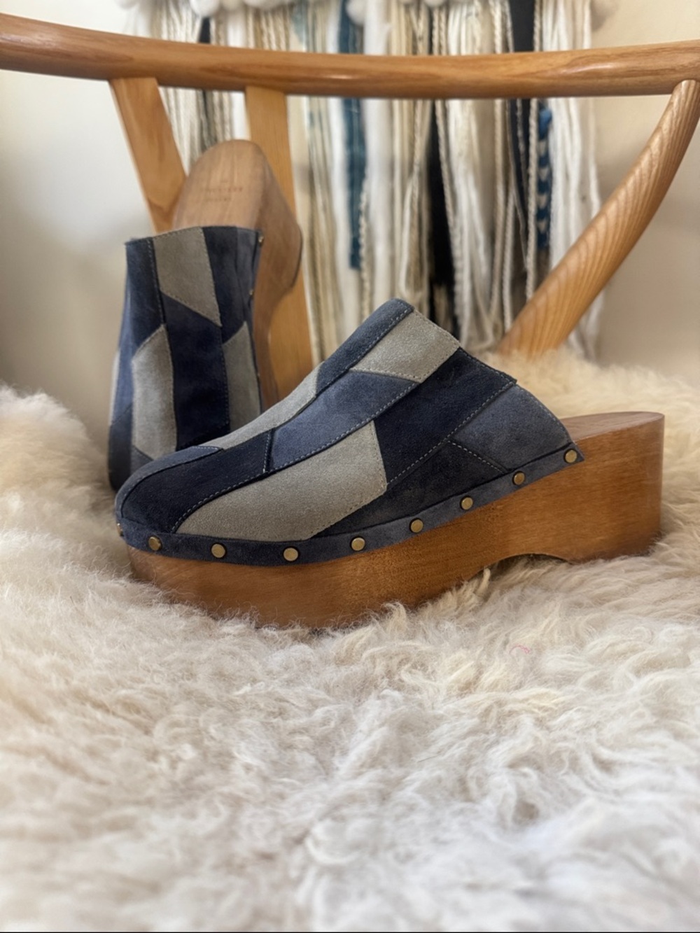 Sezane Two-Tone Navy and Gray Suede Clog Mules